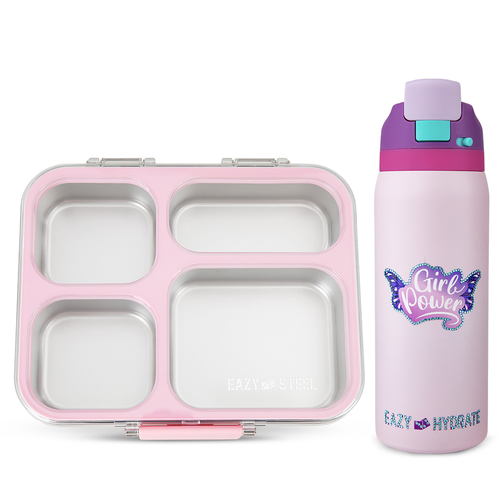 Eazy Kids - Stainless Steel Bento Lunch Box 945ml w/ Stainless Steel Water Bottle 948ml – Pink