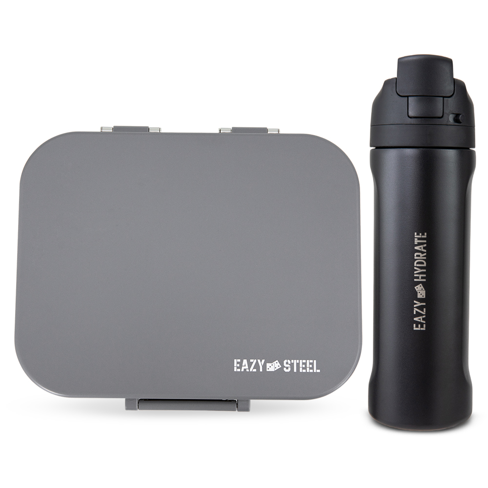 Eazy Kids - Premium Stainless Steel Lunch Box w/ Stainless Steel Water Bottle 710ml – Grey