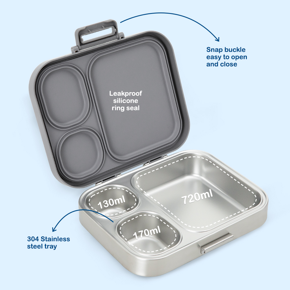 Eazy Kids – Premium Stainless Steel Lunch Box w/ Insulated Lunch Bag – Grey