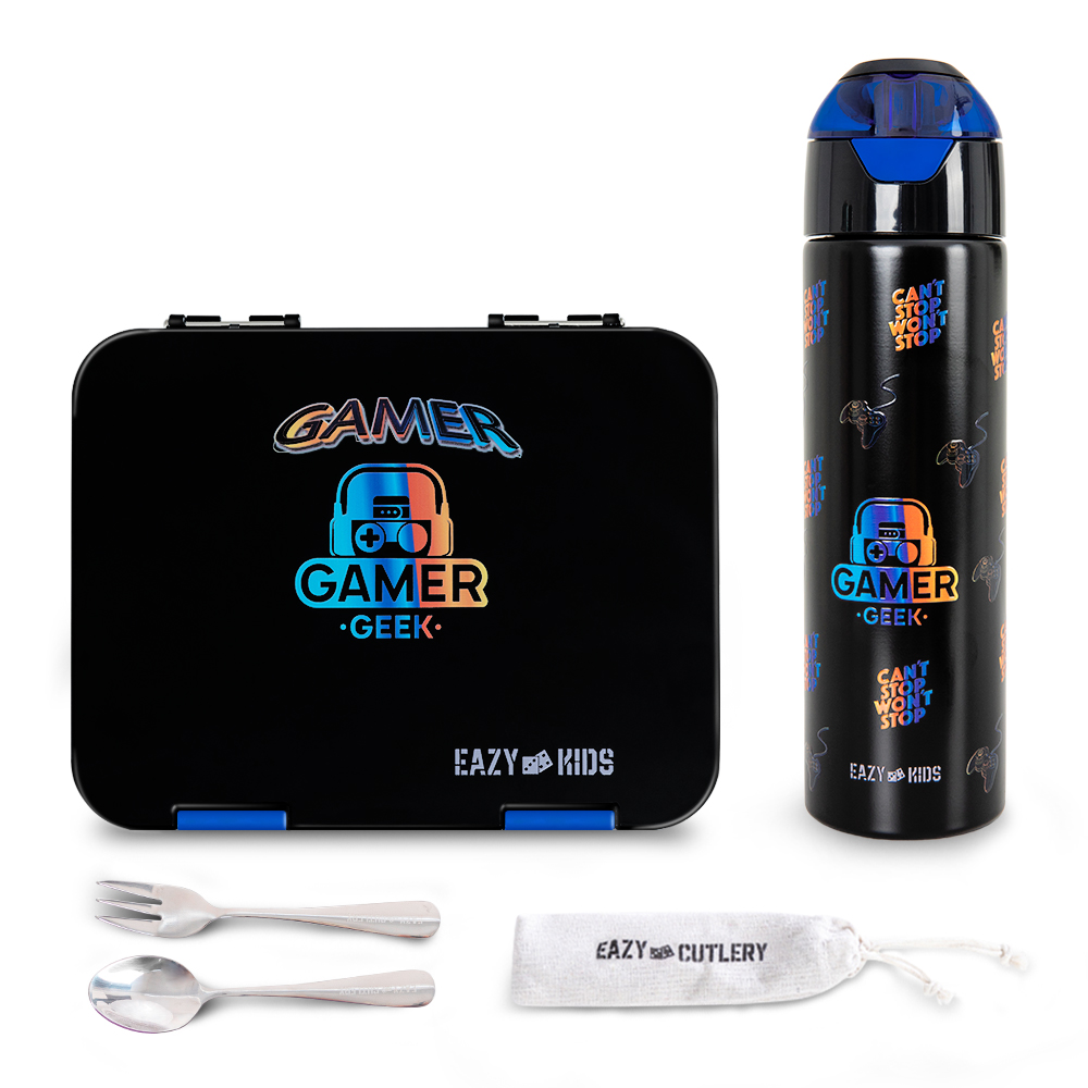 Eazy Kids - Convertible Bento Lunch Box w/ Insulated Stainless Steel Water Bottle 640ml – Gamer Black