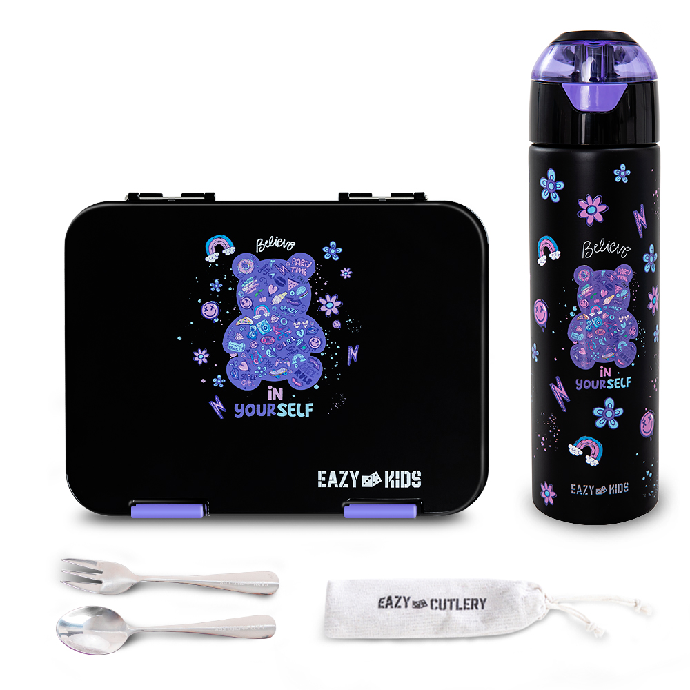 Eazy Kids - Convertible Bento Lunch Box w/ Insulated Stainless Steel Water Bottle 640ml – Teddy Black