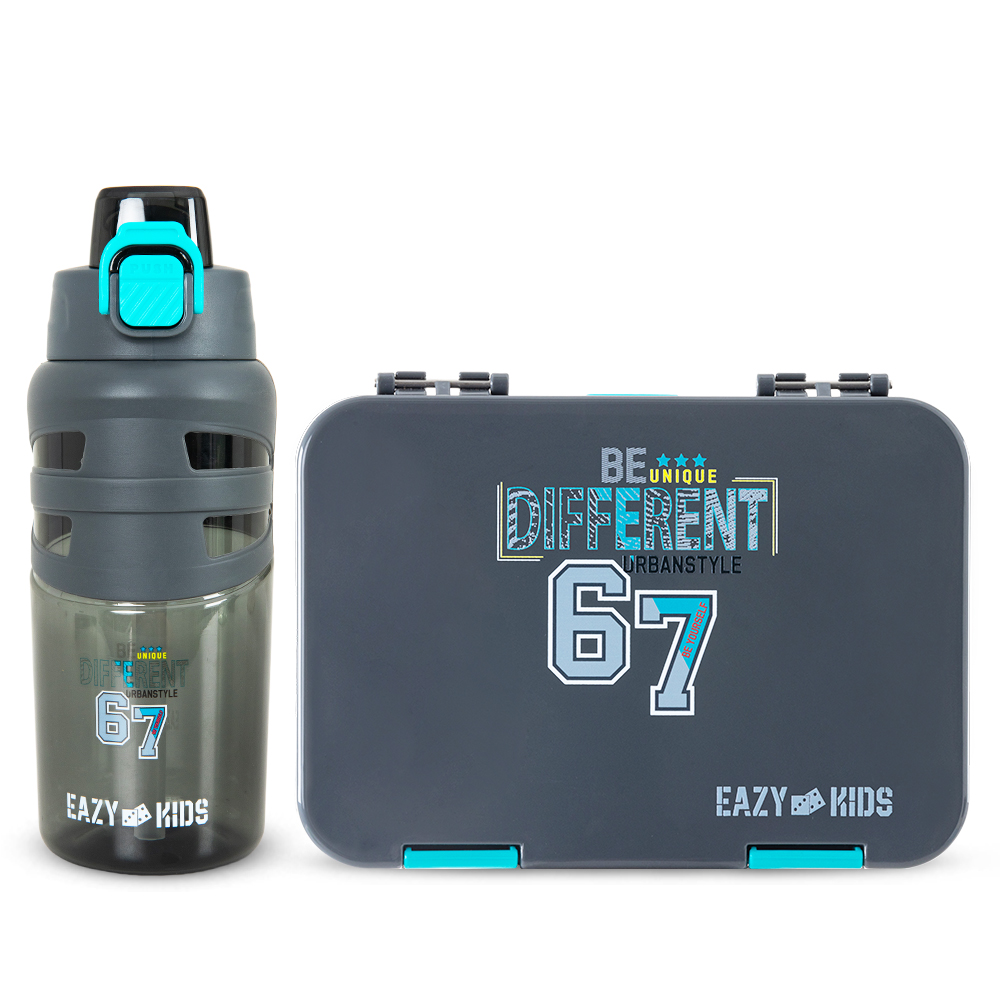 Eazy Kids 4 Compartment Bento Lunch Box w/ Flip Top Water Bottle 750ml – Urban Grey