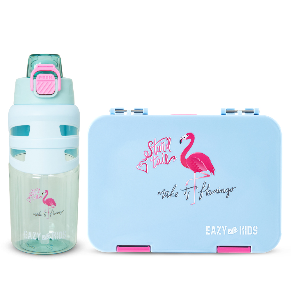Eazy Kids - 4 Compartment Bento Lunch Box w/ Flip Top Water Bottle 750ml – Flamingo Aqua