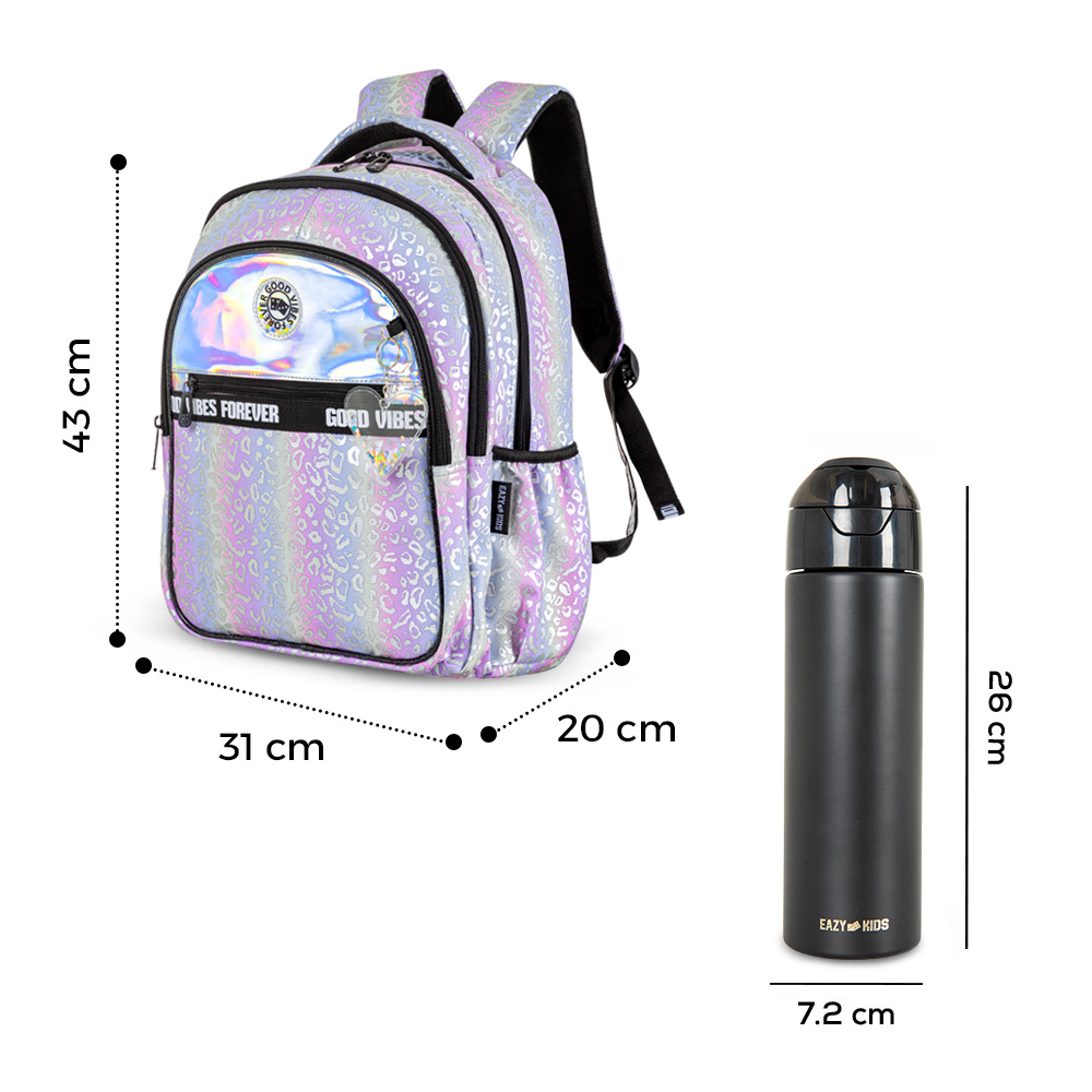 Eazy Kids – Good Vibes School Bag Set w/ Insulated Spray Water Bottle – Silver