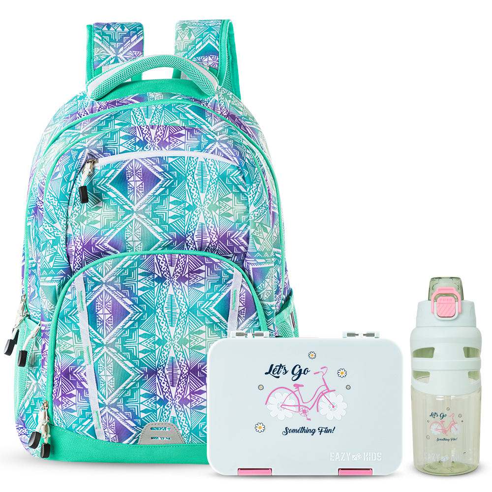 Eazy Kids - School Bag 18" w/ Bento Lunch Box & Water Bottle – Geometrical Green