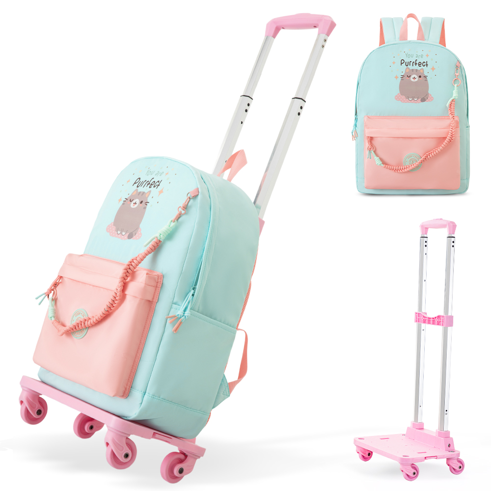 Eazy Kids - 16.5” School Backpack w/ 4-Wheel Trolley–Lightweight Laptop School Bag Set, Purfect Dreams Pink