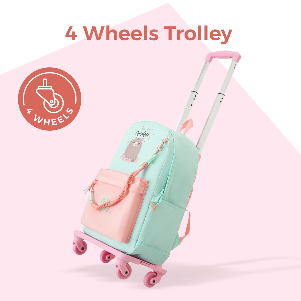 Eazy Kids - 16.5” School Backpack w/ 4-Wheel Trolley–Lightweight Laptop School Bag Set, Purfect Dreams Pink