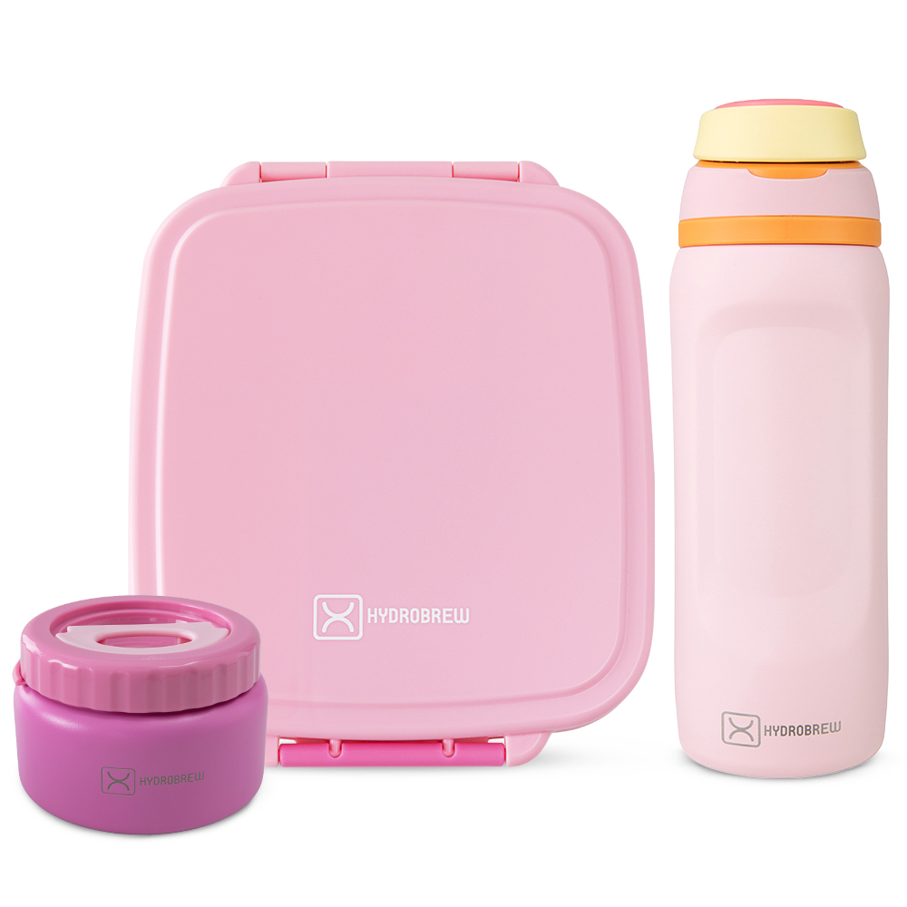 Hydrobrew - Mega Flex Bento Lunch Box 1864ml w/ Sip Switch Water Bottle 1000ml | Leakproof Meal Box w/ Steel Jar – Rose Silk