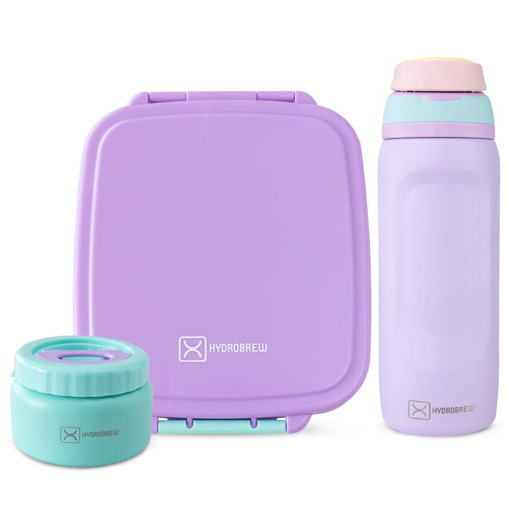 Hydrobrew - Mega Flex Bento Lunch Box 1864ml w/ Sip Switch Water Bottle 1000ml | Leakproof Meal Box w/ Steel Jar – Orchid Mist