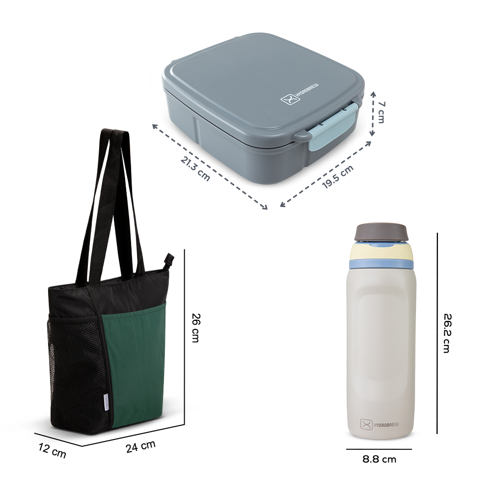 Hydrobrew –  Mega Flex Bento Lunch Box 1864ml w/ Lunch Bag & Bottle – Leakproof Set Graphite