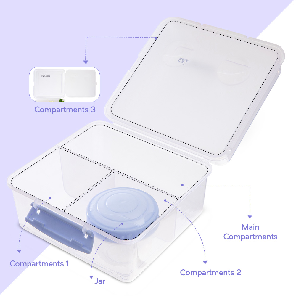 Eazy Kids - All in One Lunch & Sandwich Box with Food Jar 1780ml – Leakproof 4-Compartment Lunch Box for Kids, Grey