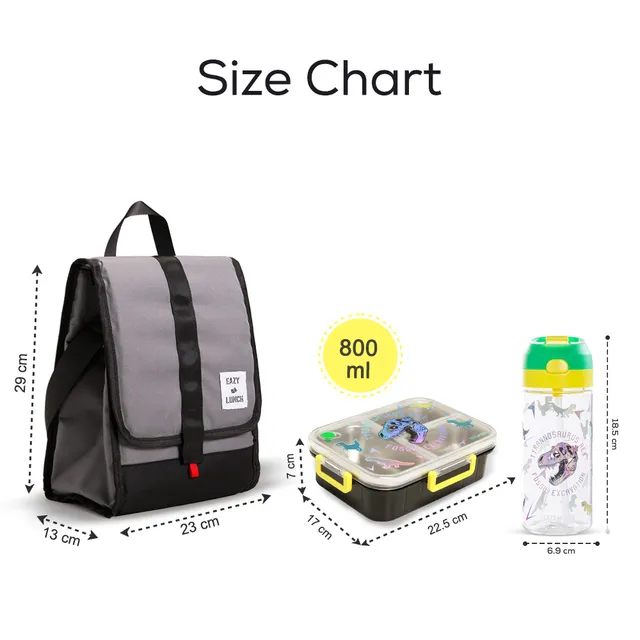Eazy Kids – 800ml Lunch Box with 500ml Water Bottle & Grey Lunch Bag – Black & Yellow