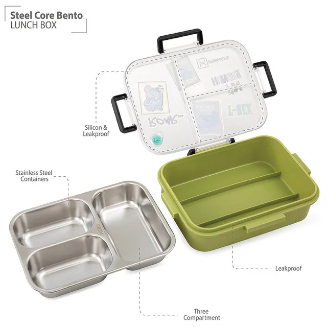 Hydrobrew – Steel Core 3 Compartment Lunch Box 750ml w/ Double Wall Stainless Steel Water Bottle 420ml – Olive roar