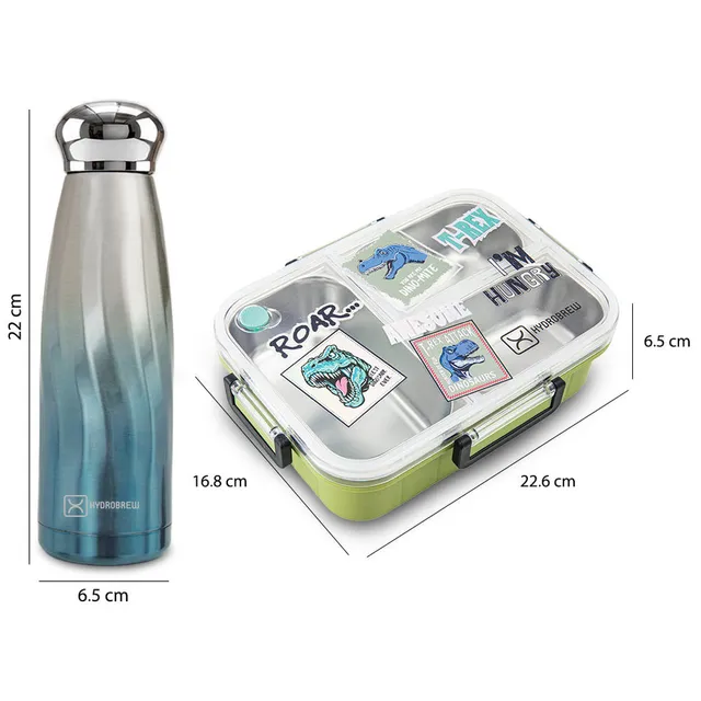 Hydrobrew – Steel Core 3 Compartment Lunch Box 750ml w/ Double Wall Stainless Steel Water Bottle 420ml – Olive roar