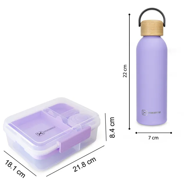 Hydrobrew – 5 Compartment Bento Lunch Box & Stainless Steel Water Bottle – Purple – 500 ml