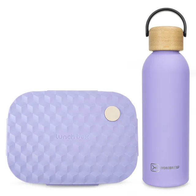 Hydrobrew - Smart Serve 3-Compartment Bento Lunch Box 980ml & Double Wall Stainless Steel Water Bottle 500ml – Purple