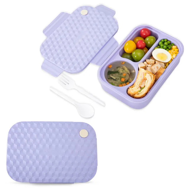 Hydrobrew - Smart Serve 3-Compartment Bento Lunch Box 980ml & Double Wall Stainless Steel Water Bottle 500ml – Purple