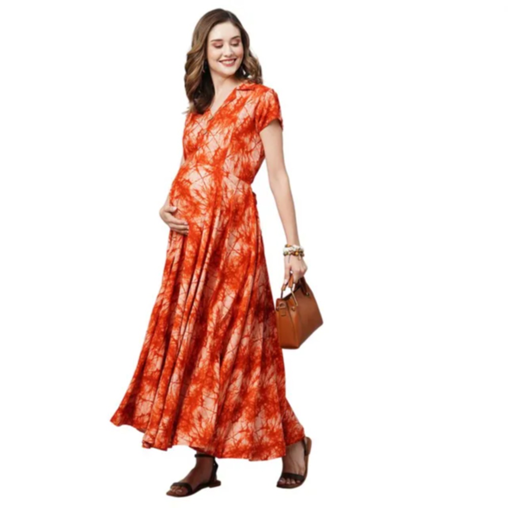 TUMMY - Women's Rayon Maternity & Nursing Dress - Orange_M