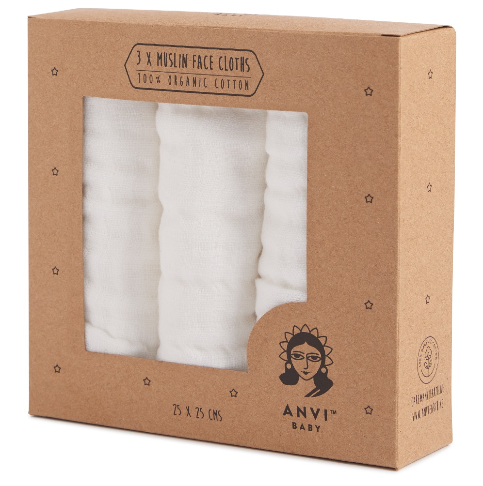 Anvi Baby – Organic Face & Burp Cloth / Towel Pack of 3 – White Crow