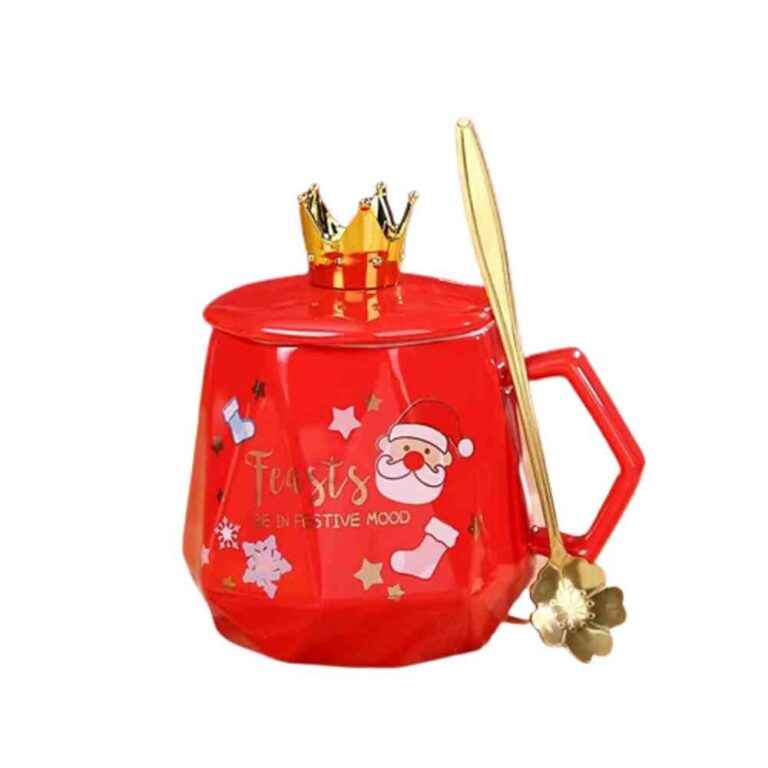 UKR - Christmas Red Festive Mug with Spoon Modern Design With Santa Face