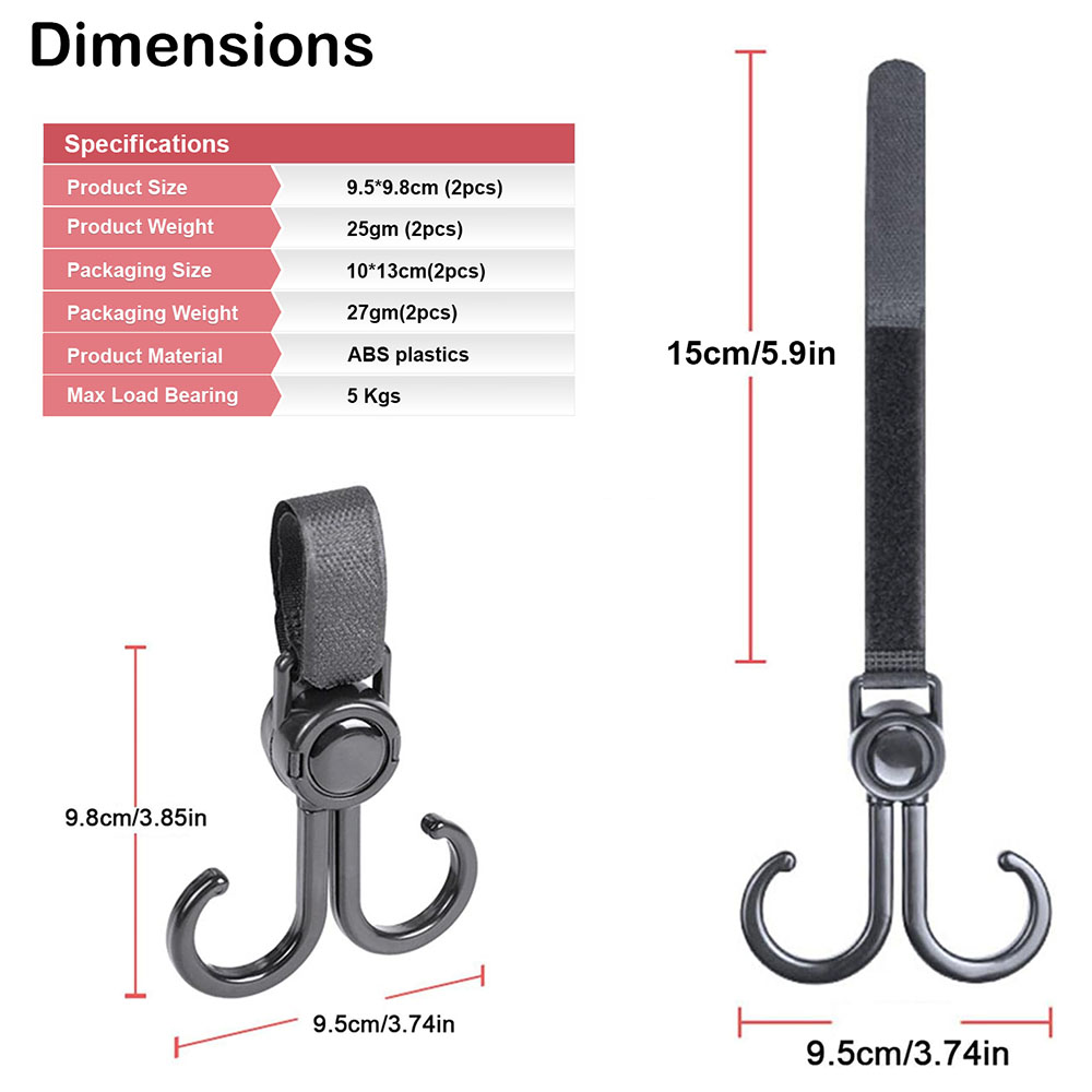 Sunveno – 360 Rotatable and Adjustable Velcro Strap Universal Multipurpose Stroller Hooks – 2Pcs