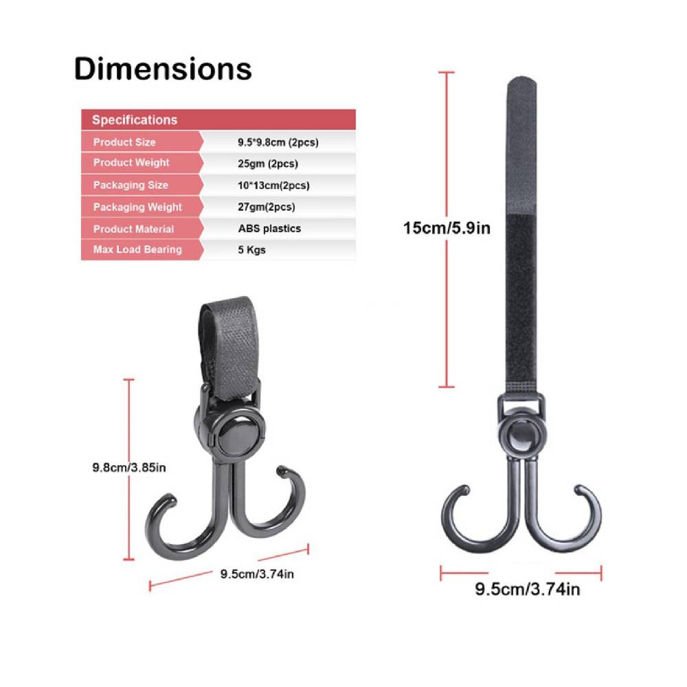 Sunveno – 360 Rotatable and Adjustable Velcro Strap Universal Multipurpose Stroller Hooks – 2Pcs