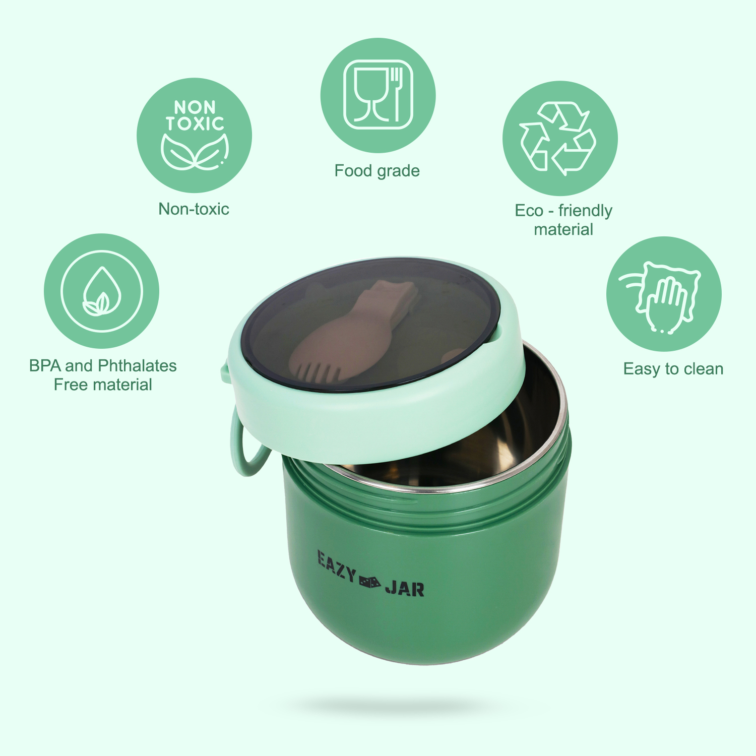 Eazy Kids – Steel Lunch Box with Folding Spoon- Green