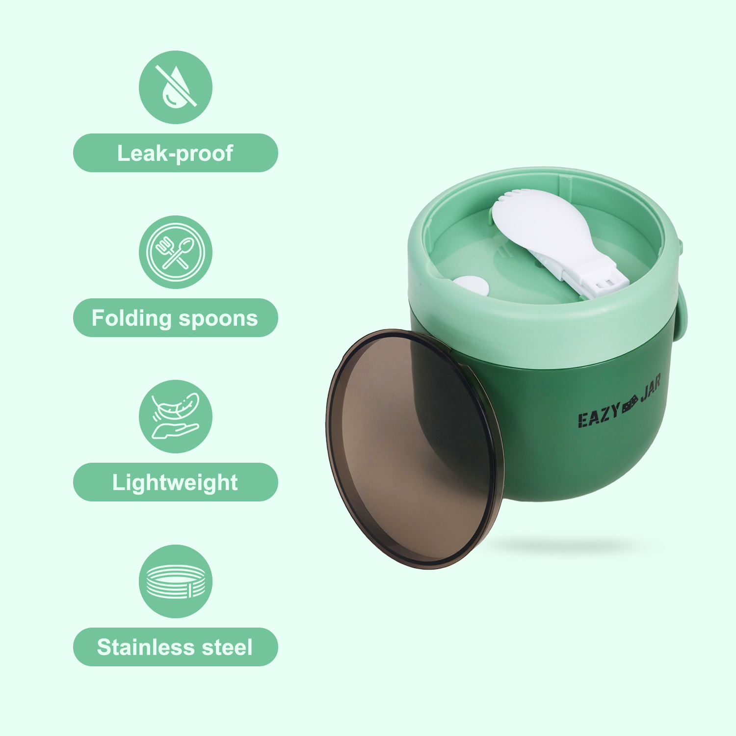 Eazy Kids – Steel Lunch Box with Folding Spoon- Green