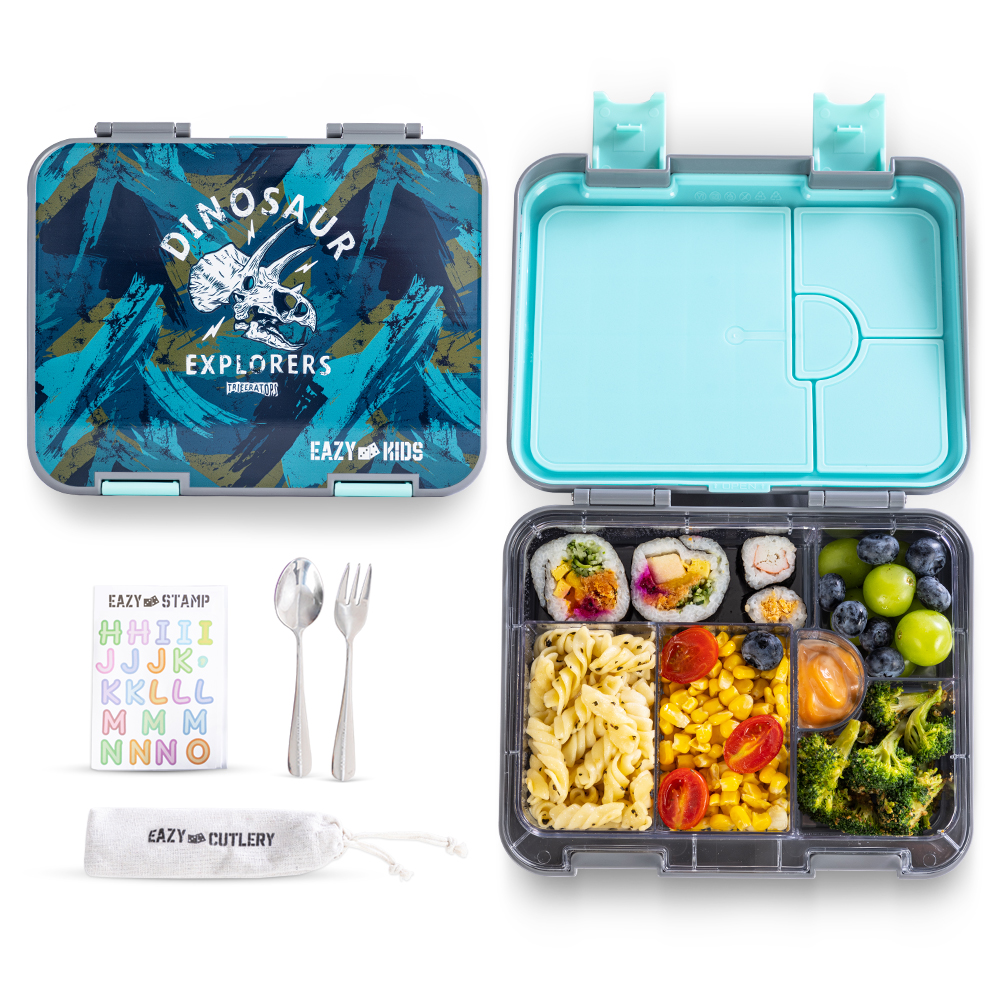 Eazy Kids – 6 & 4 Convertible Bento Lunch Box Set – T-Rex Grey