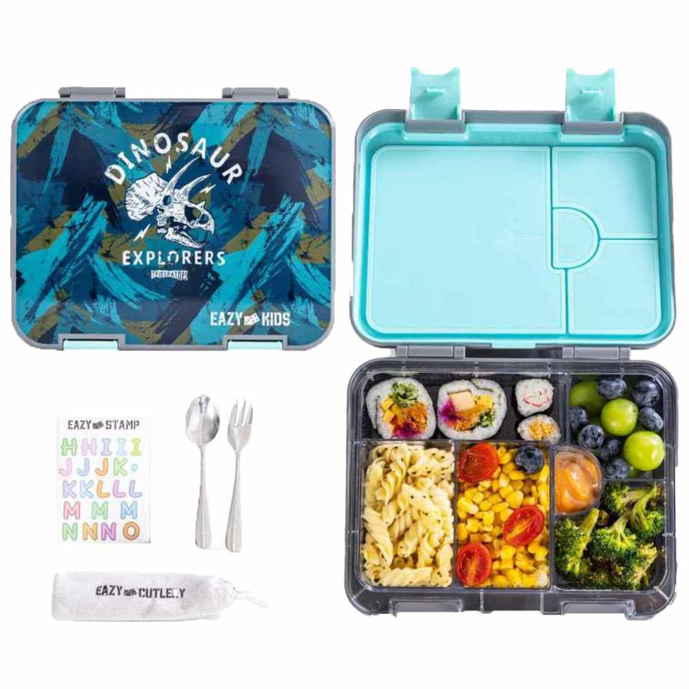 Eazy Kids – 6 & 4 Convertible Bento Lunch Box Set – T-Rex Grey