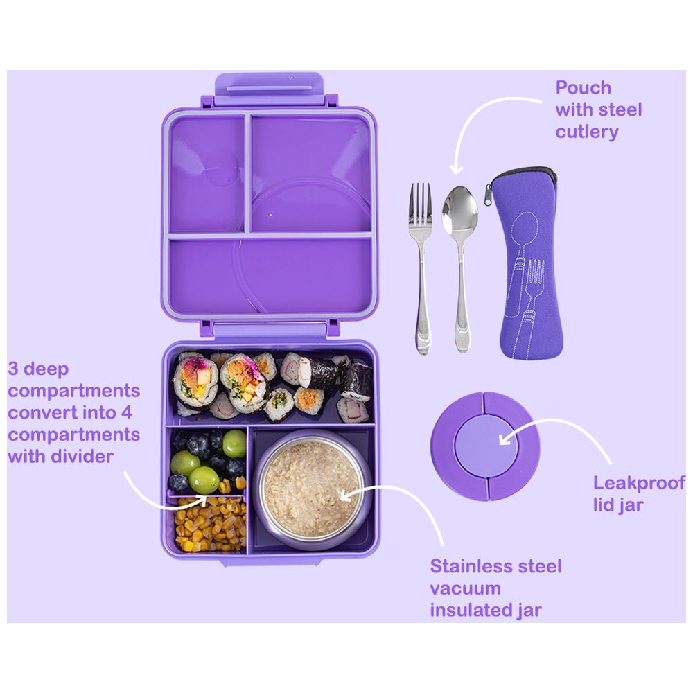 Eazy Kids Personalized 3/4 Jumbo Lunch Box w/Bowl, Spoon & Fork - Purple