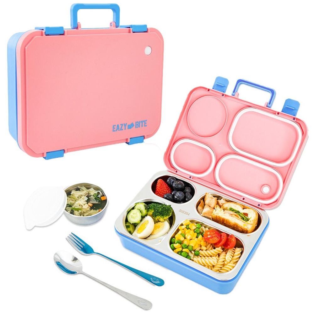 Eazy Kids Personalized Stainless Steel Lunch Box for Kids – 800ml with 150ml Food Jar- Pink