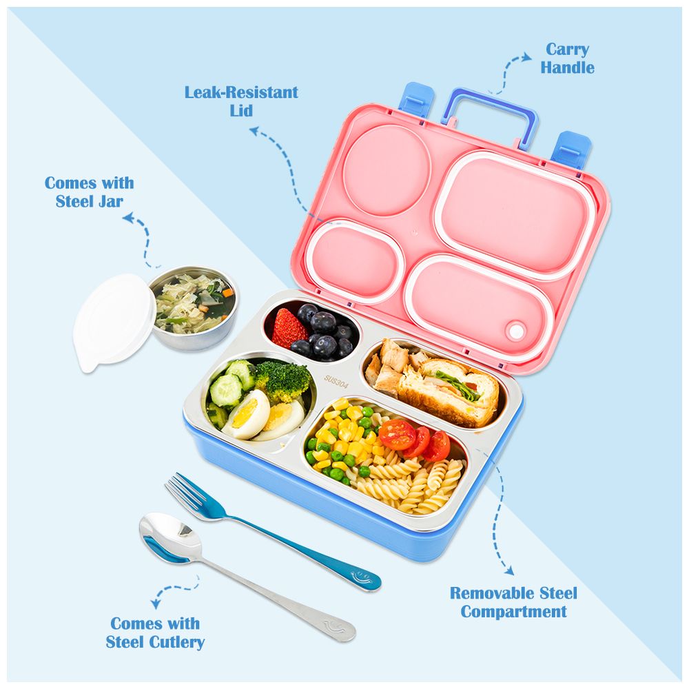 Eazy Kids Personalized Stainless Steel Lunch Box for Kids – 800ml with 150ml Food Jar- Pink