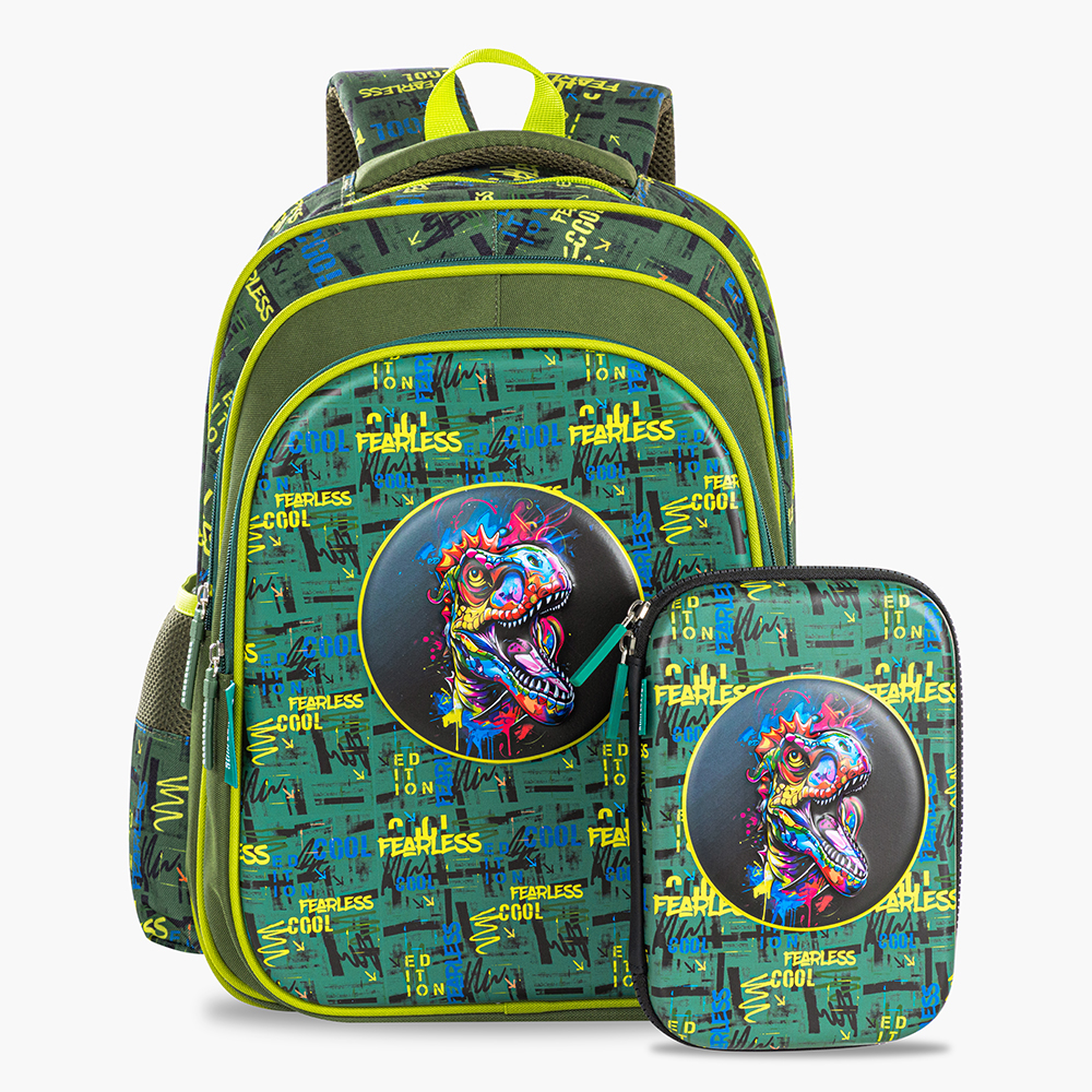Eazy Kids School Bag w/ Trolley, Pencil Case 16" - Dino Green
