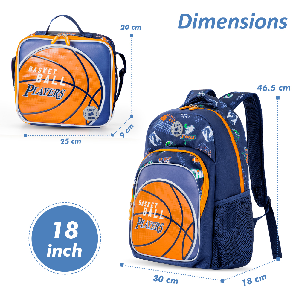 Eazy Kids – 18Inch- Set of 4 Backpack w/ Water Bottle, Lunch Bag and Pencil Case – Basket Ball