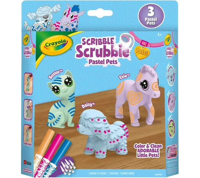 Crayola - Scribble Scrubbie Pastel Pets, 3 Count – Washable Pet Toy Set with Markers & Brush