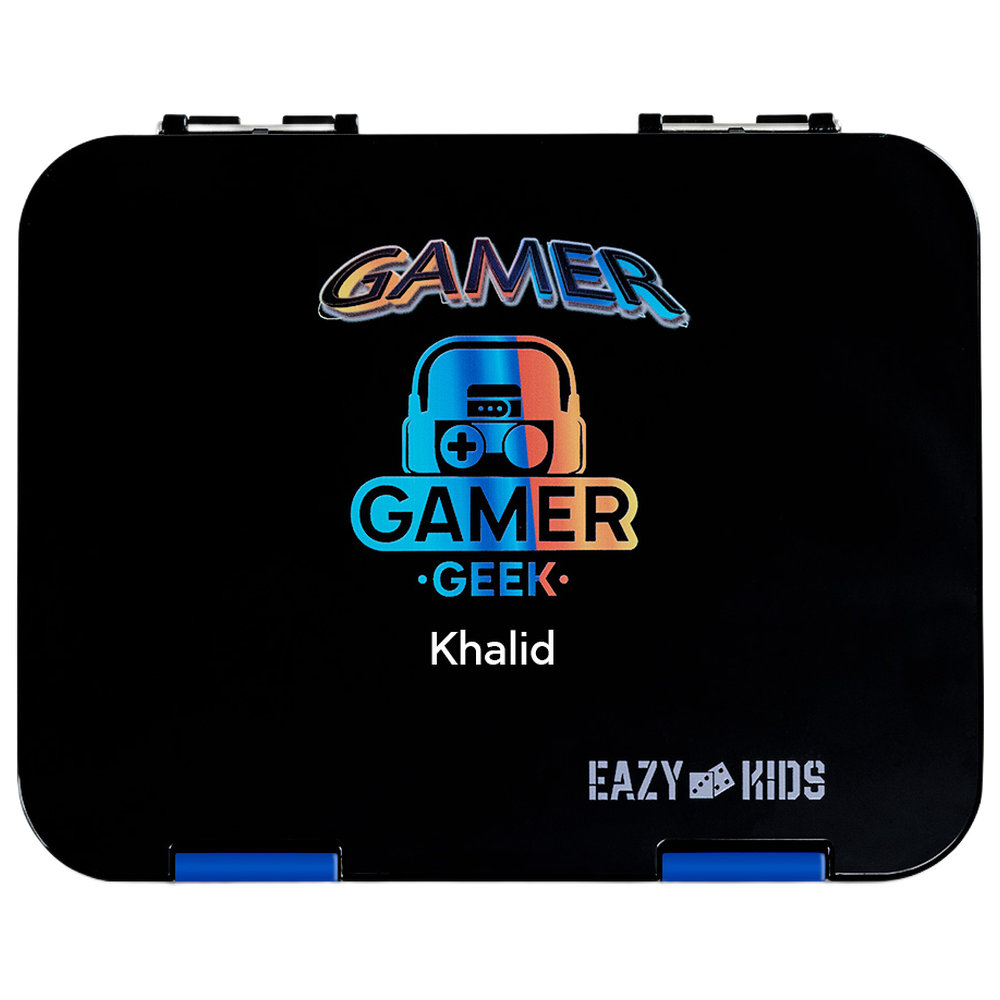 Eazy Kids Personalized 6 & 4 Convertible Bento Lunch Box w/Steel Spoon & Fork Set - Gamer Black