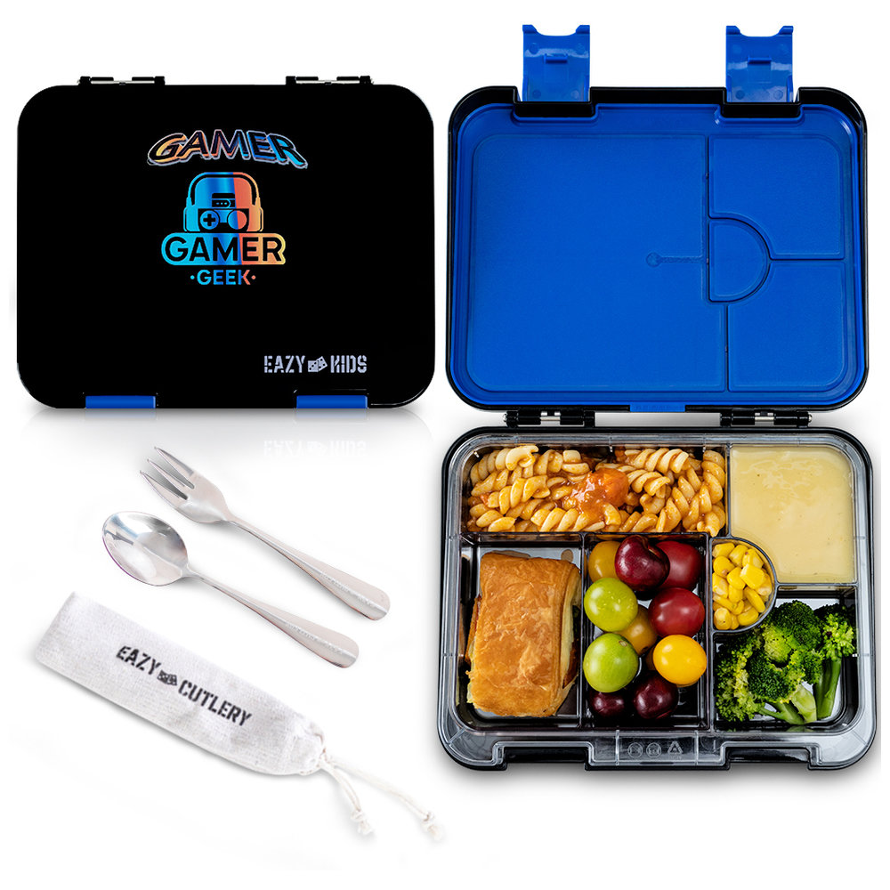Eazy Kids Personalized 6 & 4 Convertible Bento Lunch Box w/Steel Spoon & Fork Set - Gamer Black