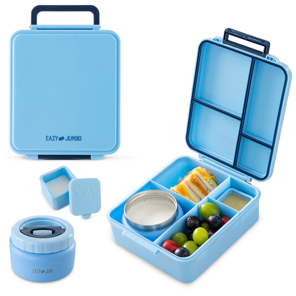 Eazy Kids Personalized Jumbo Bento Lunch Box w/Thermos & Dip Jar- Blue