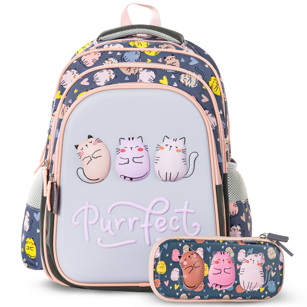Eazy Kids – School Bag w/Pencil Case 16Inch – Purrfect Greyb-1442001
