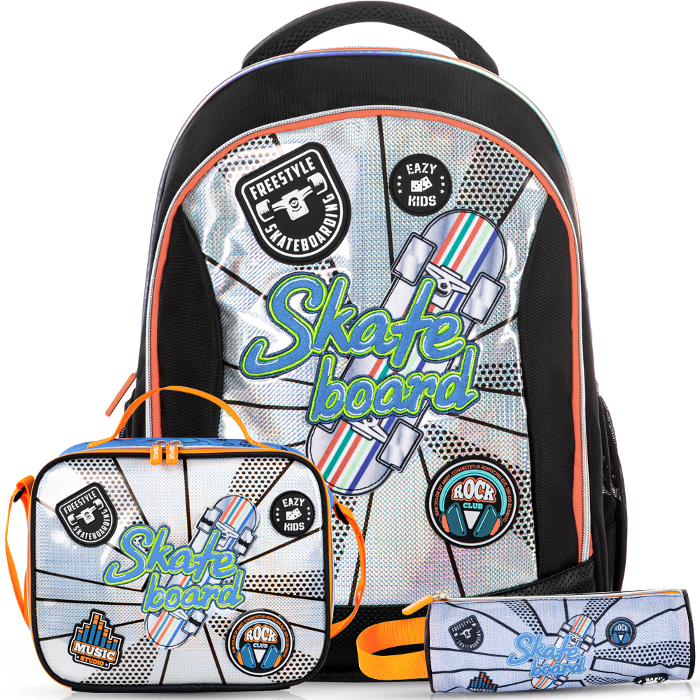 Eazy Kids – 17-Inch Backpack W/ Lunch Bag & Pencil Case – Set of 4 – Skate Board