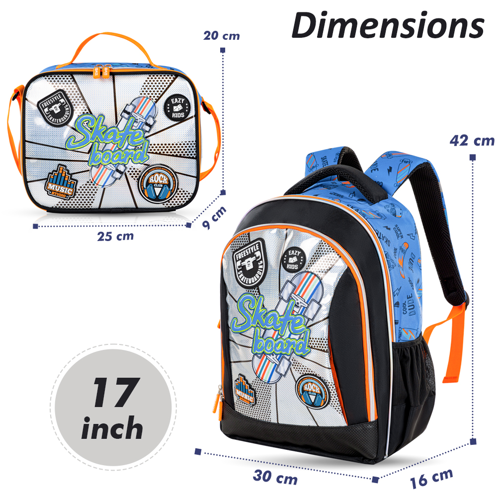 Eazy Kids – 17-Inch Backpack W/ Lunch Bag & Pencil Case – Set of 4 – Skate Board