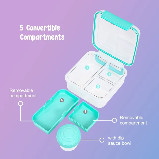 Eazy kids – 3/4/5 Compartment Convertible 1250ml Bento Lunch Box with 150ml Gravy Bowl – Green