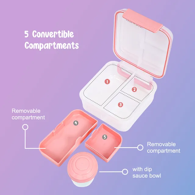 Eazy kids – 3/4/5 Compartment Convertible 1250ml Bento Lunch Box with 150ml Gravy Bowl – Pink