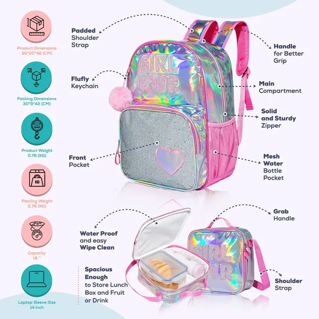 Eazy Kids-18″ School Bag Lunch Bag Pencil Case Set of 3 Girl Power – Pink