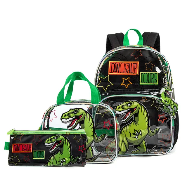 Eazy Kids - 17Inch Set of 3 School Bag with Lunch Bag and Pencil Case Dinosaur - Black