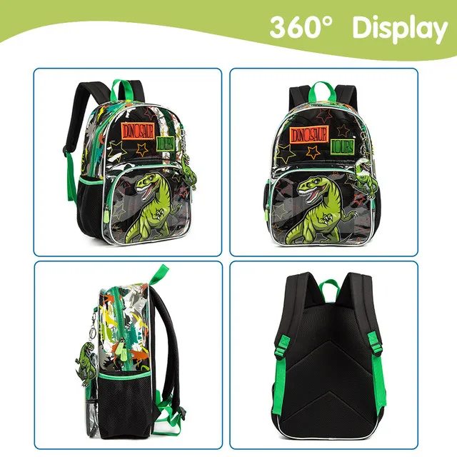 Eazy Kids - 17Inch Set of 3 School Bag with Lunch Bag and Pencil Case Dinosaur - Black