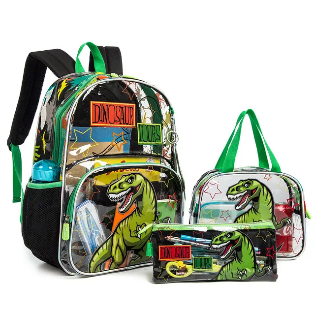 Eazy Kids - 17Inch Set of 3 School Bag with Lunch Bag and Pencil Case Dinosaur - Black