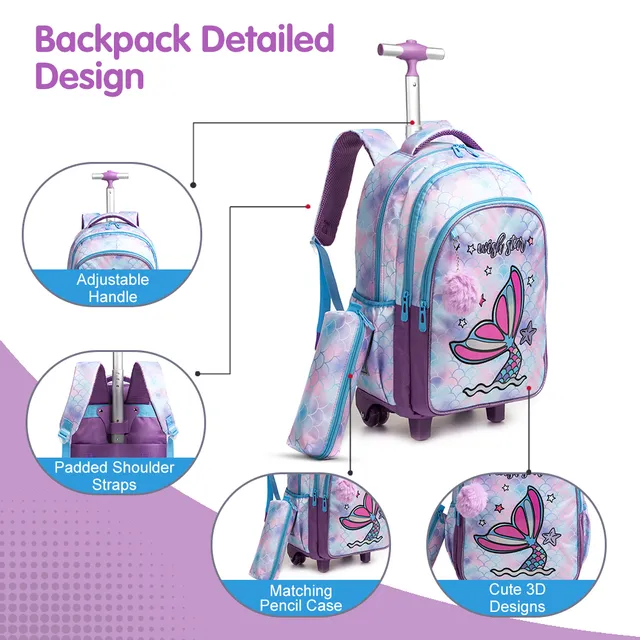 Eazy Kids – Trolley School Bag with Tritan 420ml Water Bottle Lunch Bag and Pencil Case – Mermaid Purple