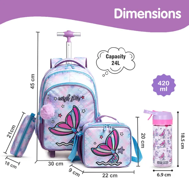 Eazy Kids – Trolley School Bag with Tritan 420ml Water Bottle Lunch Bag and Pencil Case – Mermaid Purple